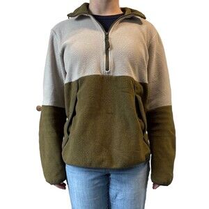REI Color-Block Fleece Half Zip Sweatshirt– Green & Cream, Womens M